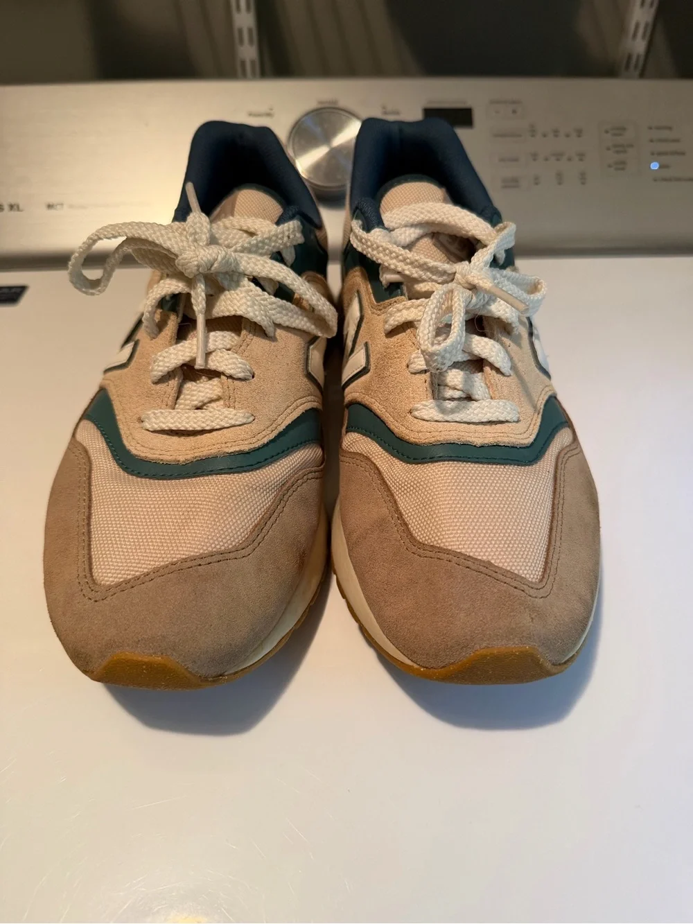 New Balance Beige and Teal Suede Mesh Sneakers
